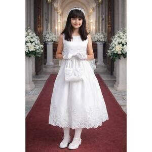 NEW Girl First Holy Communion Dress Size 16X Satin Silver Corded Trim Tea-Length